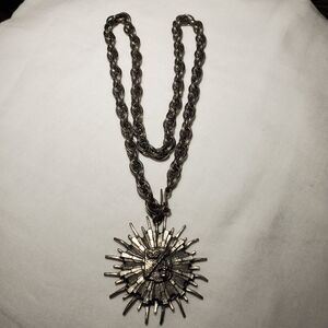 Silver Tone Heraldic Shield Sunburst Pendant Necklace with Heavy Ornate Chain